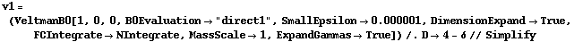 v1 = (VeltmanB0[1, 0, 0, B0Evaluation -> "direct1", SmallEpsilon -> 0.000001, DimensionExpand -> True, FCIntegrate -> NIntegrate, MassScale -> 1, ExpandGammas -> True]) /. D -> 4 - δ // Simplify