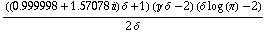 (((0.9999983997198449`  + 1.5707814638053907` i) δ + 1) (�J δ - 2) (δ log (π) - 2))/(2 δ)
