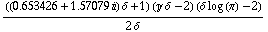 (((0.6534256640586659`  + 1.570788542178852` i) δ + 1) (�J δ - 2) (δ log (π) - 2))/(2 δ)