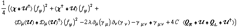 1/4 (< χ '6 ��^† > (f _ ϕ^(�   ))^2 + < χ^† '6 �� > (f _ ϕ^(�   ))^2 + < �s _ μ(��) '6 �s _ μ(��)^† > (f _ ϕ^(�   ))^2 - 2 λ ∂ _ μ(γ^( ) _ μ) ∂ _ ν(γ^( ) _ ν) - γ^( ) _ (μ ν) '6 γ^( ) _ (μ ν) + 4 C^(  ) < Q _ R '6 �� '6 Q _ L '6 ��^† >)