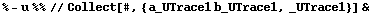 % - u %% // Collect[#, {a_UTrace1 b_UTrace1, _UTrace1}] &