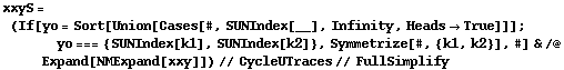 xxyS = (If[yo = Sort[Union[Cases[#, SUNIndex[__], Infinity, Heads -> True]]] ; yo === {SUNIndex[k1], SUNIndex[k2]}, Symmetrize[#, {k1, k2}], #] & /@ Expand[NMExpand[xxy]]) // CycleUTraces // FullSimplify