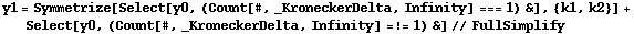 y1 = Symmetrize[Select[y0, (Count[#, _KroneckerDelta, Infinity] === 1) &], {k1, k2}] + Select[y0, (Count[#, _KroneckerDelta, Infinity] =!= 1) &] // FullSimplify