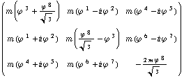 (                          8                                                                    )               3   (ϕ )   m ((ϕ )  + ----------)                 1              2                4              5                    Sqrt[3]        m ((ϕ )  - i (ϕ ) )   m ((ϕ )  - i (ϕ ) )                                                8                                      (ϕ )             3               1              2    m (---------- - (ϕ ) )                 6              7   m ((ϕ )  + i (ϕ ) )       Sqrt[3]                     m ((ϕ )  - i (ϕ ) )                                                                                  8                                                                    2 m (ϕ )               4              5                6              7    ---------------   m ((ϕ )  + i (ϕ ) )   m ((ϕ )  + i (ϕ ) )       Sqrt[3]