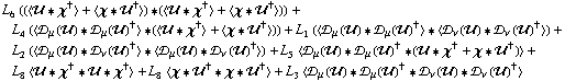 L _ 6^(  ) ((< �� '6 χ^† > + < χ '6 ��^† >) '6 (< �� '6 χ^† > + < χ '6 ��^† >)) + L _ 4^(  ) (< �s _ μ(��) '6 �s _ μ(��)^† > '6 (< �� '6 χ^† > + < χ '6 ��^† >)) + L _ 1^(  ) (< �s _ μ(��) '6 �s _ μ(��)^† > '6 < �s _ ν(��) '6 �s _ ν(��)^† >) + L _ 2^(  ) (< �s _ μ(��) '6 �s _ ν(��)^† > '6 < �s _ μ(��) '6 �s _ ν(��)^† >) + L _ 5^(  ) < �s _ μ(��) '6 �s _ μ(��)^† '6 (�� '6 χ^† + χ '6 ��^†) > + L _ 8^(  ) < �� '6 χ^† '6 �� '6 χ^† > + L _ 8^(  ) < χ '6 ��^† '6 χ '6 ��^† > + L _ 3^(  ) < �s _ μ(��) '6 �s _ μ(��)^† '6 �s _ ν(��) '6 �s _ ν(��)^† >