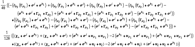 1/48 ((-< ∂ _ μ _ 2(Γ _ μ _ 1) '6 σ^j '6 σ^k _ 1 > + < ∂ _ μ _ 2(Γ _ μ _ 1) '6 σ^k _ 1 '6 σ^j > + < ∂ _ μ _ 1(Γ _ μ _ 2) '6 σ^j '6 σ^k _ 1 > - < ∂ _ μ _ 1(Γ _ μ _ 2) '6 σ^k _ 1 '6 σ^j > - < σ^k _ 1 '6 σ^j '6 Γ _ μ _ 1 '6 Γ _ μ _ 2 > + < σ^k _ 1 '6 σ^j '6 Γ _ μ _ 2 '6 Γ _ μ _ 1 > + < σ^k _ 1 '6 Γ _ μ _ 1 '6 Γ _ μ _ 2 '6 σ^j > - < σ^k _ 1 '6 Γ _ μ _ 2 '6 Γ _ μ _ 1 '6 σ^j >) '6 (< ∂ _ μ _ 2(Γ _ μ _ 1) '6 σ^j '6 σ^k _ 1 > - < ∂ _ μ _ 2(Γ _ μ _ 1) '6 σ^k _ 1 '6 σ^j > - < ∂ _ μ _ 1(Γ _ μ _ 2) '6 σ^j '6 σ^k _ 1 > + < ∂ _ μ _ 1(Γ _ μ _ 2) '6 σ^k _ 1 '6 σ^j > - < σ^j '6 σ^k _ 1 '6 Γ _ μ _ 1 '6 Γ _ μ _ 2 > + < σ^j '6 σ^k _ 1 '6 Γ _ μ _ 2 '6 Γ _ μ _ 1 > + < σ^j '6 Γ _ μ _ 1 '6 Γ _ μ _ 2 '6 σ^k _ 1 > - < σ^j '6 Γ _ μ _ 2 '6 Γ _ μ _ 1 '6 σ^k _ 1 >)) + 1/128 ((< χ _ + '6 σ^j '6 σ^k _ 1 > + < χ _ + '6 σ^k _ 1 '6 σ^j > + < σ^k _ 1 '6 σ^j '6 u _ ρ _ 1 '6 u _ ρ _ 1 > - 2 < σ^k _ 1 '6 u _ ρ _ 1 '6 σ^j '6 u _ ρ _ 1 > + < σ^k _ 1 '6 u _ ρ _ 1 '6 u _ ρ _ 1 '6 σ^j >) '6 (< χ _ + '6 σ^j '6 σ^k _ 1 > + < χ _ + '6 σ^k _ 1 '6 σ^j > + < σ^j '6 σ^k _ 1 '6 u _ ζ '6 u _ ζ > - 2 < σ^j '6 u _ ζ '6 σ^k _ 1 '6 u _ ζ > + < σ^j '6 u _ ζ '6 u _ ζ '6 σ^k _ 1 >))