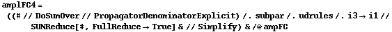 amplFC4 = ((# // DoSumOver // PropagatorDenominatorExplicit) /. subpar /. udrules /. i3 -> i1 // SUNReduce[#, FullReduce -> True] & // Simplify) & /@ ampFC
