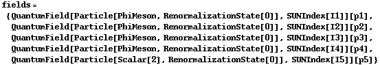 fields = {QuantumField[Particle[PhiMeson, RenormalizationState[0]], SUNIndex[I1]][p1], QuantumField[Particle[PhiMeson, RenormalizationState[0]], SUNIndex[I2]][p2], QuantumField[Particle[PhiMeson, RenormalizationState[0]], SUNIndex[I3]][p3], QuantumField[Particle[PhiMeson, RenormalizationState[0]], SUNIndex[I4]][p4], QuantumField[Particle[Scalar[2], RenormalizationState[0]], SUNIndex[I5]][p5]}