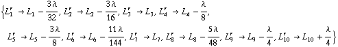 {L _ 1^(r  ) -> L _ 1^(  ) - (3 λ)/32, L _ 2^(r  ) -> L _ 2^(  ) - (3 λ)/16, L _ 3^(r  ) -> L _ 3^(  ), L _ 4^(r  ) -> L _ 4^(  ) - λ/8, L _ 5^(r  ) -> L _ 5^(  ) - (3 λ)/8, L _ 6^(r  ) -> L _ 6^(  ) - (11 λ)/144, L _ 7^(r  ) -> L _ 7^(  ), L _ 8^(r  ) -> L _ 8^(  ) - (5 λ)/48, L _ 9^(r  ) -> L _ 9^(  ) - λ/4, L _ 10^(r  ) -> L _ 10^(  ) + λ/4}
