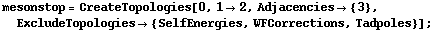mesonstop = CreateTopologies[0, 1 -> 2, Adjacencies -> {3}, ExcludeTopologies -> {SelfEnergies, WFCorrections, Tadpoles}] ;