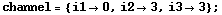 channel = {i1 -> 0, i2 -> 3, i3 -> 3} ;