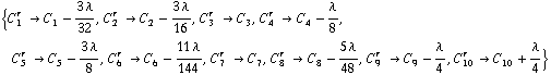 {C _ 1^(r  ) -> C _ 1^(  ) - (3 λ)/32, C _ 2^(r  ) -> C _ 2^(  ) - (3 λ)/16, C _ 3^(r  ) -> C _ 3^(  ), C _ 4^(r  ) -> C _ 4^(  ) - λ/8, C _ 5^(r  ) -> C _ 5^(  ) - (3 λ)/8, C _ 6^(r  ) -> C _ 6^(  ) - (11 λ)/144, C _ 7^(r  ) -> C _ 7^(  ), C _ 8^(r  ) -> C _ 8^(  ) - (5 λ)/48, C _ 9^(r  ) -> C _ 9^(  ) - λ/4, C _ 10^(r  ) -> C _ 10^(  ) + λ/4}