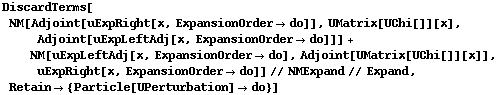 DiscardTerms[NM[Adjoint[uExpRight[x, ExpansionOrder -> do]], UMatrix[UChi[]][x], Adjoint[uExpLeftAdj[x, ExpansionOrder -> do]]] + NM[uExpLeftAdj[x, ExpansionOrder -> do], Adjoint[UMatrix[UChi[]][x]], uExpRight[x, ExpansionOrder -> do]] // NMExpand // Expand, Retain -> {Particle[UPerturbation] -> do}]