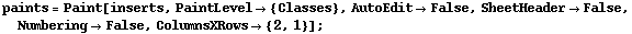 paints = Paint[inserts, PaintLevel -> {Classes}, AutoEdit -> False, SheetHeader -> False, Numbering -> False, ColumnsXRows -> {2, 1}] ;