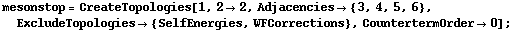 mesonstop = CreateTopologies[1, 2 -> 2, Adjacencies -> {3, 4, 5, 6}, ExcludeTopologies -> {SelfEnergies, WFCorrections}, CountertermOrder -> 0] ;