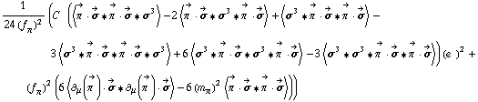 1/(24 (f _ π^(�   ))^2) (C^(  ) (< Overscript[π^( ), ->] &middot; Overscript[σ, ->] '6 Overscript[π^( ), ->] &middot; Overscript[σ, ->] '6 σ^3 > - 2 < Overscript[π^( ), ->] &middot; Overscript[σ, ->] '6 σ^3 '6 Overscript[π^( ), ->] &middot; Overscript[σ, ->] > + < σ^3 '6 Overscript[π^( ), ->] &middot; Overscript[σ, ->] '6 Overscript[π^( ), ->] &middot; Overscript[σ, ->] > - 3 < σ^3 '6 Overscript[π^( ), ->] &middot; Overscript[σ, ->] '6 Overscript[π^( ), ->] &middot; Overscript[σ, ->] '6 σ^3 > + 6 < σ^3 '6 Overscript[π^( ), ->] &middot; Overscript[σ, ->] '6 σ^3 '6 Overscript[π^( ), ->] &middot; Overscript[σ, ->] > - 3 < σ^3 '6 σ^3 '6 Overscript[π^( ), ->] &middot; Overscript[σ, ->] '6 Overscript[π^( ), ->] &middot; Overscript[σ, ->] >) (e^(  ))^2 + (f _ π^(�   ))^2 (6 < ∂ _ μ(Overscript[π^( ), ->]) &middot; Overscript[σ, ->] '6 ∂ _ μ(Overscript[π^( ), ->]) &middot; Overscript[σ, ->] > - 6 (m _ π^(�   ))^2 < Overscript[π^( ), ->] &middot; Overscript[σ, ->] '6 Overscript[π^( ), ->] &middot; Overscript[σ, ->] >))