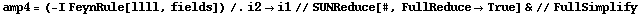 amp4 = (-I FeynRule[llll, fields]) /. i2 -> i1 // SUNReduce[#, FullReduce -> True] & // FullSimplify