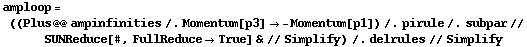 amploop = ((Plus @@ ampinfinities /. Momentum[p3] -> -Momentum[p1]) /. pirule /. subpar // SUNReduce[#, FullReduce -> True] & // Simplify) /. delrules // Simplify