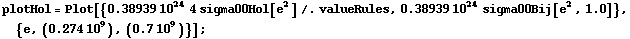 plotHol = Plot[{0.38939 10^24 4 sigma00Hol[e^2] /. valueRules, 0.38939 10^24 sigma00Bij[e^2, 1.0]}, {e, (0.274 10^9), (0.7 10^9)}] ;