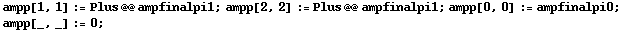 ampp[1, 1] := Plus @@ ampfinalpi1 ; ampp[2, 2] := Plus @@ ampfinalpi1 ; ampp[0, 0] := ampfinalpi0 ; ampp[_, _] := 0 ;