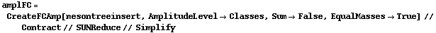 amplFC = CreateFCAmp[mesontreeinsert, AmplitudeLevel -> Classes, Sum -> False, EqualMasses -> True] // Contract // SUNReduce // Simplify