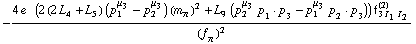 -(4 e^(  ) (2 (2 L _ 4^(  ) + L _ 5^(  )) (p _ 1^μ _ 3 - p _ 2^μ _ 3) (m _ π^(�   ))^2 + L _ 9^(  ) (p _ 2^μ _ 3 p _ 1  &middot;  p _ 3 - p _ 1^μ _ 3 p _ 2  &middot;  p _ 3)) f _ (3 I _ 1 I _ 2)^(2))/(f _ π^(�   ))^2