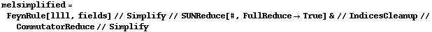 melsimplified = FeynRule[llll, fields] // Simplify // SUNReduce[#, FullReduce -> True] & // IndicesCleanup // CommutatorReduce // Simplify