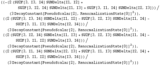{{-(2 (SU2F[3, I3, I4] SUNDelta[I1, I2] + SU2F[3, I2, I4] SUNDelta[I1, I3] + SU2F[3, I1, I4] SUNDelta[I2, I3]))/(3 DecayConstant[PseudoScalar[2], RenormalizationState[0]]^2)}, {(2 (SU2F[3, I3, I4] SUNDelta[I1, I2] - SU2F[3, I2, I3] SUNDelta[I1, I4] - SU2F[3, I1, I3] SUNDelta[I2, I4]))/(3 DecayConstant[PseudoScalar[2], RenormalizationState[0]]^2)}, {(2 (SU2F[3, I2, I4] SUNDelta[I1, I3] + SU2F[3, I2, I3] SUNDelta[I1, I4] - SU2F[3, I1, I2] SUNDelta[I3, I4]))/(3 DecayConstant[PseudoScalar[2], RenormalizationState[0]]^2)}, {(2 (SU2F[3, I1, I4] SUNDelta[I2, I3] + SU2F[3, I1, I3] SUNDelta[I2, I4] + SU2F[3, I1, I2] SUNDelta[I3, I4]))/(3 DecayConstant[PseudoScalar[2], RenormalizationState[0]]^2)}}