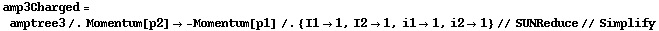 amp3Charged = amptree3 /. Momentum[p2] -> -Momentum[p1] /. {I1 -> 1, I2 -> 1, i1 -> 1, i2 -> 1} // SUNReduce // Simplify