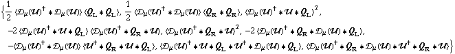 {1/2 < �s _ μ(��)^† '6 �s _ μ(��) > < Q _ L '6 Q _ L >, 1/2 < �s _ μ(��)^† '6 �s _ μ(��) > < Q _ R '6 Q _ R >, < �s _ μ(��)^† '6 �� '6 Q _ L >^2, -2 < �s _ μ(��)^† '6 �� '6 Q _ L > < �s _ μ(��)^† '6 Q _ R '6 �� >, < �s _ μ(��)^† '6 Q _ R '6 �� >^2, -2 < �s _ μ(��)^† '6 Q _ R '6 �s _ μ(��) '6 Q _ L >, -< �s _ μ(��)^† '6 �s _ μ(��) > < ��^† '6 Q _ R '6 �� '6 Q _ L >, < �s _ μ(��)^† '6 �� '6 Q _ L '6 ��^† '6 �s _ μ(��) '6 Q _ L >, < �s _ μ(��)^† '6 Q _ R '6 �s _ μ(��) '6 ��^† '6 Q _ R '6 �� >}
