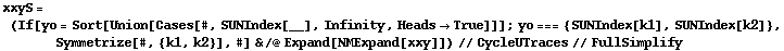 xxyS = (If[yo = Sort[Union[Cases[#, SUNIndex[__], Infinity, Heads -> True]]] ; yo === {SUNIndex[k1], SUNIndex[k2]}, Symmetrize[#, {k1, k2}], #] & /@ Expand[NMExpand[xxy]]) // CycleUTraces // FullSimplify