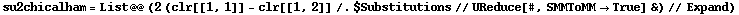 su2chicalham = List @@ (2 (clr[[1, 1]] - clr[[1, 2]] /. $Substitutions // UReduce[#, SMMToMM -> True] &) // Expand)