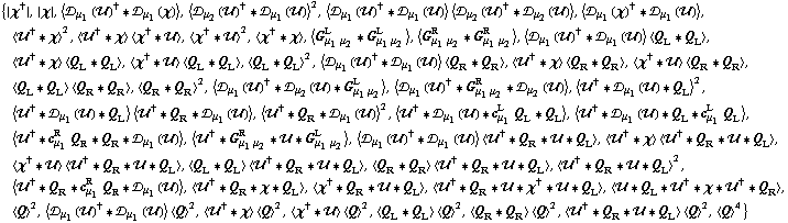 {{χ^†}, {χ}, < �s _ μ _ 1(��)^† '6 �s _ μ _ 1(χ) >, < �s _ μ _ 2(��)^† '6 �s _ μ _ 1(��) >^2, < �s _ μ _ 1(��)^† '6 �s _ μ _ 1(��) > < �s _ μ _ 2(��)^† '6 �s _ μ _ 2(��) >, < �s _ μ _ 1(χ)^† '6 �s _ μ _ 1(��) >, < ��^† '6 χ >^2, < ��^† '6 χ > < χ^† '6 �� >, < χ^† '6 �� >^2, < χ^† '6 χ >, < G _ (μ _ 1 μ _ 2)^L '6 G _ (μ _ 1 μ _ 2)^L >, < G _ (μ _ 1 μ _ 2)^R '6 G _ (μ _ 1 μ _ 2)^R >, < �s _ μ _ 1(��)^† '6 �s _ μ _ 1(��) > < Q _ L '6 Q _ L >, < ��^† '6 χ > < Q _ L '6 Q _ L >, < χ^† '6 �� > < Q _ L '6 Q _ L >, < Q _ L '6 Q _ L >^2, < �s _ μ _ 1(��)^† '6 �s _ μ _ 1(��) > < Q _ R '6 Q _ R >, < ��^† '6 χ > < Q _ R '6 Q _ R >, < χ^† '6 �� > < Q _ R '6 Q _ R >, < Q _ L '6 Q _ L > < Q _ R '6 Q _ R >, < Q _ R '6 Q _ R >^2, < �s _ μ _ 1(��)^† '6 �s _ μ _ 2(��) '6 G _ (μ _ 1 μ _ 2)^L >, < �s _ μ _ 1(��)^† '6 G _ (μ _ 1 μ _ 2)^R '6 �s _ μ _ 2(��) >, < ��^† '6 �s _ μ _ 1(��) '6 Q _ L >^2, < ��^† '6 �s _ μ _ 1(��) '6 Q _ L > < ��^† '6 Q _ R '6 �s _ μ _ 1(��) >, < ��^† '6 Q _ R '6 �s _ μ _ 1(��) >^2, < ��^† '6 �s _ μ _ 1(��) '6 c _ μ _ 1^L Q _ L '6 Q _ L >, < ��^† '6 �s _ μ _ 1(��) '6 Q _ L '6 c _ μ _ 1^L Q _ L >, < ��^† '6 c _ μ _ 1^R Q _ R '6 Q _ R '6 �s _ μ _ 1(��) >, < ��^† '6 G _ (μ _ 1 μ _ 2)^R '6 �� '6 G _ (μ _ 1 μ _ 2)^L >, < �s _ μ _ 1(��)^† '6 �s _ μ _ 1(��) > < ��^† '6 Q _ R '6 �� '6 Q _ L >, < ��^† '6 χ > < ��^† '6 Q _ R '6 �� '6 Q _ L >, < χ^† '6 �� > < ��^† '6 Q _ R '6 �� '6 Q _ L >, < Q _ L '6 Q _ L > < ��^† '6 Q _ R '6 �� '6 Q _ L >, < Q _ R '6 Q _ R > < ��^† '6 Q _ R '6 �� '6 Q _ L >, < ��^† '6 Q _ R '6 �� '6 Q _ L >^2, < ��^† '6 Q _ R '6 c _ μ _ 1^R Q _ R '6 �s _ μ _ 1(��) >, < ��^† '6 Q _ R '6 χ '6 Q _ L >, < χ^† '6 Q _ R '6 �� '6 Q _ L >, < ��^† '6 Q _ R '6 �� '6 χ^† '6 �� '6 Q _ L >, < �� '6 Q _ L '6 ��^† '6 χ '6 ��^† '6 Q _ R >, < Q >^2, < �s _ μ _ 1(��)^† '6 �s _ μ _ 1(��) > < Q >^2, < ��^† '6 χ > < Q >^2, < χ^† '6 �� > < Q >^2, < Q _ L '6 Q _ L > < Q >^2, < Q _ R '6 Q _ R > < Q >^2, < ��^† '6 Q _ R '6 �� '6 Q _ L > < Q >^2, < Q >^4}