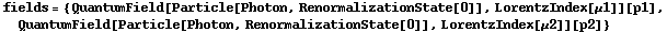 fields = {QuantumField[Particle[Photon, RenormalizationState[0]], LorentzIndex[μ1]][p1], QuantumField[Particle[Photon, RenormalizationState[0]], LorentzIndex[μ2]][p2]}