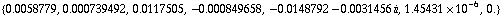 {0.005877901572252493`, 0.0007394920349552837`, 0.01175053274969464`, -0.000849657864405479`, -0.014879194573539992` - 0.003145597181373713` i, 1.4543050930708074`*^-6, 0.`}