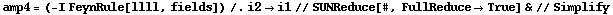 amp4 = (-I FeynRule[llll, fields]) /. i2 -> i1 // SUNReduce[#, FullReduce -> True] & // Simplify