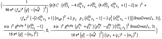 {-1/(96 π^4 (f _ π^(�   ))^4 (q _ 1^2 - (m _ π^(I _ 1   ))^2)) (i (4 C^(  ) (δ _ (3 I _ 1)^(2) - 4 δ _ (i _ 1 I _ 1)^(2) + δ _ (3 i _ 1)^(2) (4 δ _ (3 I _ 1)^(2) δ _ (i _ 1 I _ 1)^(2) + 1) - 2) (e^(  ))^2 + (f _ π^(�   ))^2 (-(2 δ _ (i _ 1 I _ 1)^(2) + 1) (m _ π^0^(�   ))^2 + 2 p _ 1  &middot;  p _ 3 (δ _ (i _ 1 I _ 1)^(2) - 1) - 2 q _ 1^2 (δ _ (i _ 1 I _ 1)^(2) - 1))) SumOver(I _ 1, 3)), (i (e^(  ))^2 g^(μ _ 1  μ _ 2)^2 (δ _ (3 i _ 1)^(2) - 1))/(16 π^4 (q _ 1^2 - (m _ γ^(�   ))^2)), 0, -(i (e^(  ))^2 g^(μ _ 1  μ _ 2) (p _ 1^μ _ 1 + q _ 1^μ _ 1) (p _ 3^μ _ 2 - q _ 1^μ _ 2) (f _ (3 i _ 1 I _ 1)^(2))^2 SumOver(I _ 1, 3))/(16 π^4 (q _ 1^2 - (m _ π^(I _ 1   ))^2) . ((p _ 3 + q _ 1)^2 - (m _ γ^(�   ))^2))}