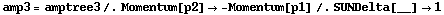 amp3 = amptree3 /. Momentum[p2] -> -Momentum[p1] /. SUNDelta[__] -> 1