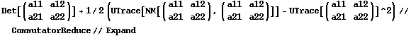 Det[(a11   a12)] + 1/2 (UTrace[NM[(a11   a12), (a11   a12)]] - UTrace[(a11   a12)]^2) // CommutatorReduce // Expand       a21   a22                     a21   a22    a21   a22              a21   a22