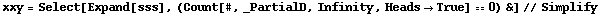 xxy = Select[Expand[sss], (Count[#, _PartialD, Infinity, Heads -> True] == 0) &] // Simplify