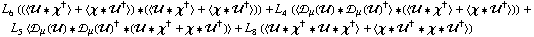 L _ 6^(  ) ((< �� '6 χ^† > + < χ '6 ��^† >) '6 (< �� '6 χ^† > + < χ '6 ��^† >)) + L _ 4^(  ) (< �s _ μ(��) '6 �s _ μ(��)^† > '6 (< �� '6 χ^† > + < χ '6 ��^† >)) + L _ 5^(  ) < �s _ μ(��) '6 �s _ μ(��)^† '6 (�� '6 χ^† + χ '6 ��^†) > + L _ 8^(  ) (< �� '6 χ^† '6 �� '6 χ^† > + < χ '6 ��^† '6 χ '6 ��^† >)