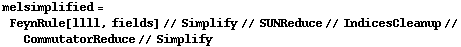 melsimplified = FeynRule[llll, fields] // Simplify // SUNReduce // IndicesCleanup // CommutatorReduce // Simplify
