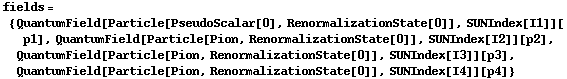 fields = {QuantumField[Particle[PseudoScalar[0], RenormalizationState[0]], SUNIndex[I1]][p1], QuantumField[Particle[Pion, RenormalizationState[0]], SUNIndex[I2]][p2], QuantumField[Particle[Pion, RenormalizationState[0]], SUNIndex[I3]][p3], QuantumField[Particle[Pion, RenormalizationState[0]], SUNIndex[I4]][p4]}