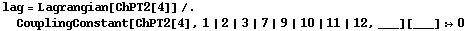 lag = Lagrangian[ChPT2[4]] /. CouplingConstant[ChPT2[4], 1 | 2 | 3 | 7 | 9 | 10 | 11 | 12, ___][___] :> 0