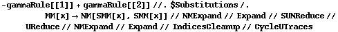 -gammaRule[[1]] + gammaRule[[2]] //. $Substitutions /. MM[x] -> NM[SMM[x], SMM[x]] // NMExpand // Expand // SUNReduce // UReduce // NMExpand // Expand // IndicesCleanup // CycleUTraces
