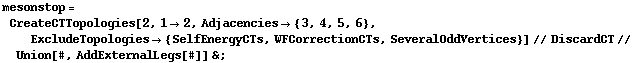mesonstop = CreateCTTopologies[2, 1 -> 2, Adjacencies -> {3, 4, 5, 6}, ExcludeTopologies -> {SelfEnergyCTs, WFCorrectionCTs, SeveralOddVertices}] // DiscardCT // Union[#, AddExternalLegs[#]] & ;