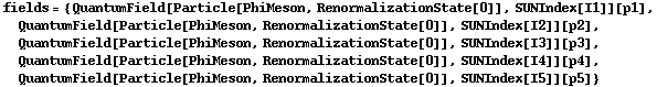 fields = {QuantumField[Particle[PhiMeson, RenormalizationState[0]], SUNIndex[I1]][p1], QuantumField[Particle[PhiMeson, RenormalizationState[0]], SUNIndex[I2]][p2], QuantumField[Particle[PhiMeson, RenormalizationState[0]], SUNIndex[I3]][p3], QuantumField[Particle[PhiMeson, RenormalizationState[0]], SUNIndex[I4]][p4], QuantumField[Particle[PhiMeson, RenormalizationState[0]], SUNIndex[I5]][p5]}