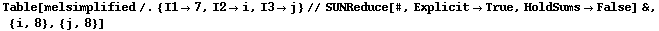Table[melsimplified /. {I1 -> 7, I2 -> i, I3 -> j} // SUNReduce[#, Explicit -> True, HoldSums -> False] &, {i, 8}, {j, 8}]