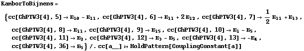 KamborToBijnens = {cc[ChPTW3[4], 5] -> Ε _ 10 - Ε _ 11, cc[ChPTW3[4], 6] -> Ε _ 11 + 2 Ε _ 12, cc[ChPTW3[4], 7] -> 1/2 Ε _ 11 + Ε _ 13, cc[ChPTW3[4], 8] -> Ε _ 11, cc[ChPTW3[4], 9] -> Ε _ 15, cc[ChPTW3[4], 10] -> Ε _ 1 - Ε _ 5, cc[ChPTW3[4], 11] -> Ε _ 2, cc[ChPTW3[4], 12] -> Ε _ 3 - Ε _ 5, cc[ChPTW3[4], 13] -> -Ε _ 4, cc[ChPTW3[4], 36] -> Ε _ 5} /. cc[a__] :> HoldPattern[CouplingConstant[a]]