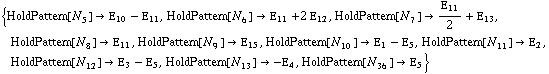 {HoldPattern[N _ 5^(  )] -> Ε _ 10 - Ε _ 11, HoldPattern[N _ 6^(  )] -> Ε _ 11 + 2 Ε _ 12, HoldPattern[N _ 7^(  )] -> Ε _ 11/2 + Ε _ 13, HoldPattern[N _ 8^(  )] -> Ε _ 11, HoldPattern[N _ 9^(  )] -> Ε _ 15, HoldPattern[N _ 10^(  )] -> Ε _ 1 - Ε _ 5, HoldPattern[N _ 11^(  )] -> Ε _ 2, HoldPattern[N _ 12^(  )] -> Ε _ 3 - Ε _ 5, HoldPattern[N _ 13^(  )] -> -Ε _ 4, HoldPattern[N _ 36^(  )] -> Ε _ 5}